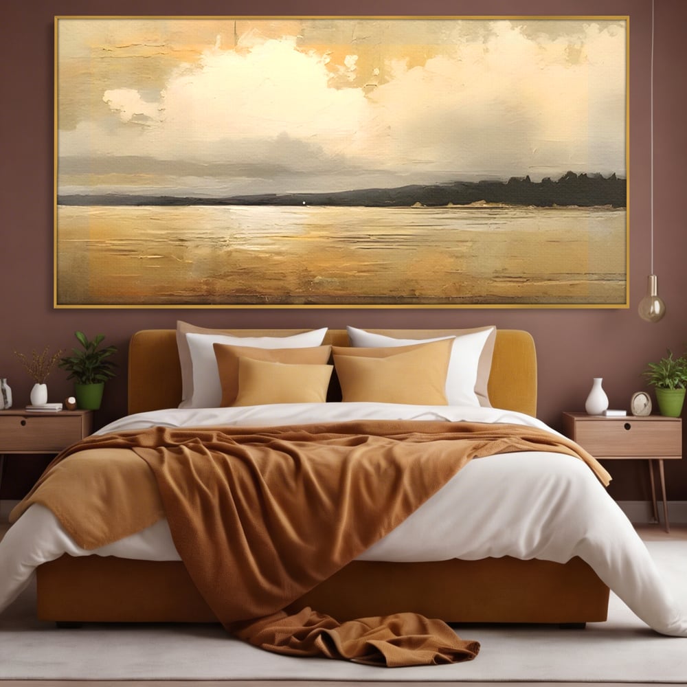 Tablou canvas cu pictura orizontala cu apus pe lac, in rama de aluminiu auriu, pe perete intr-un dormitor